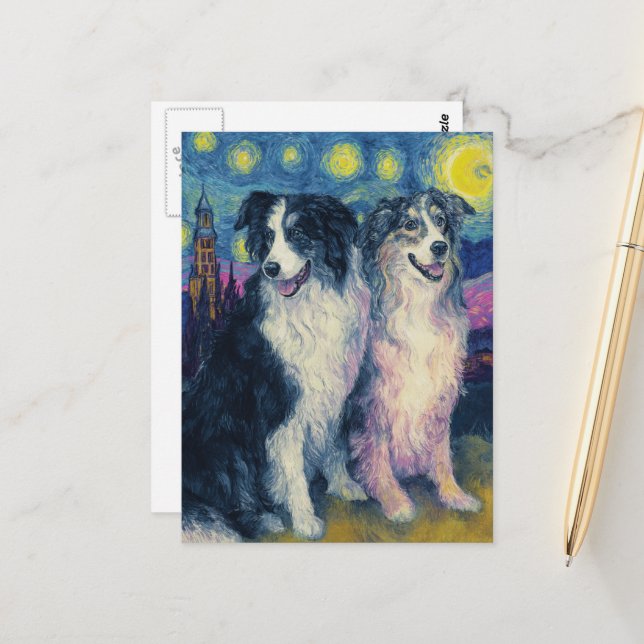 Faux Van Gogh Border Collies Postkarte (Vorderseite/Rückseite Beispiel)