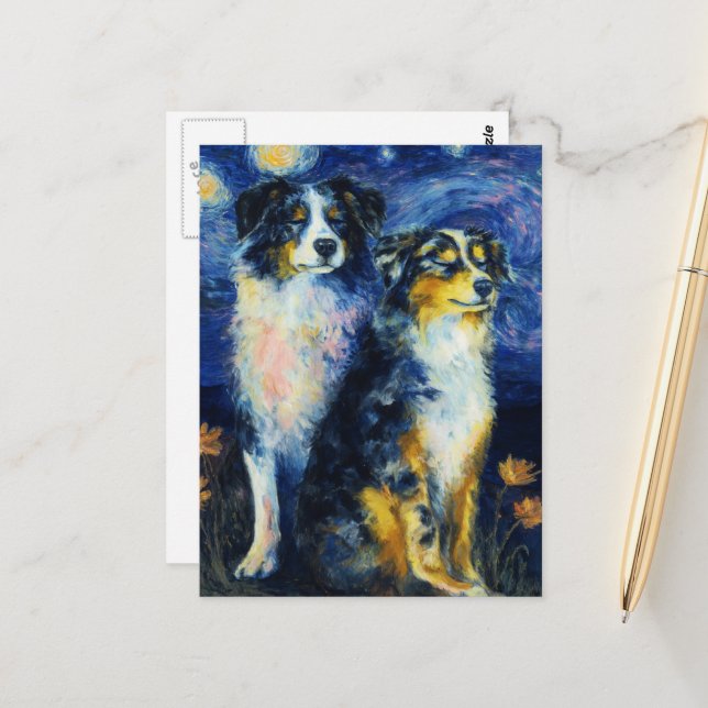 Faux Van Gogh Two Austrailian Shepherds Postkarte (Vorderseite/Rückseite Beispiel)