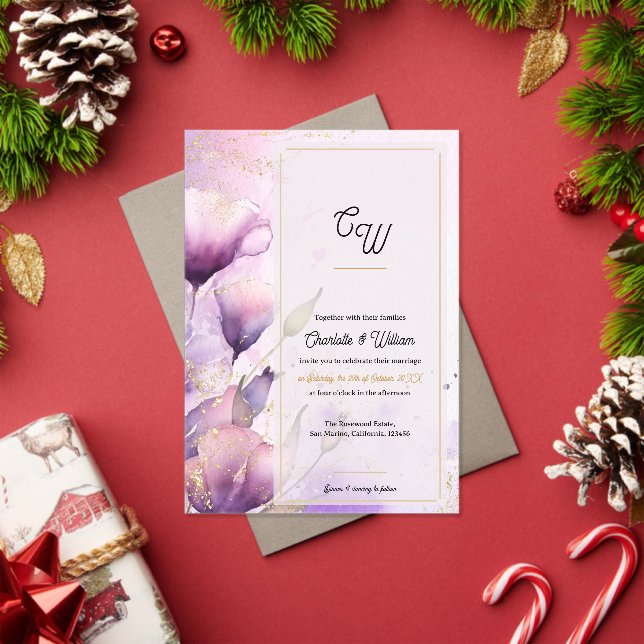 Faux Vellum Purple Floral Monogram Wedding Acryleinladungen (Insitu (Feiertag))