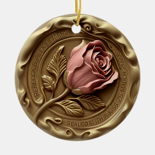 Faux Wax Stamp Gold Pink Rose Flower Anniversary Keramik Ornament (Vorne)