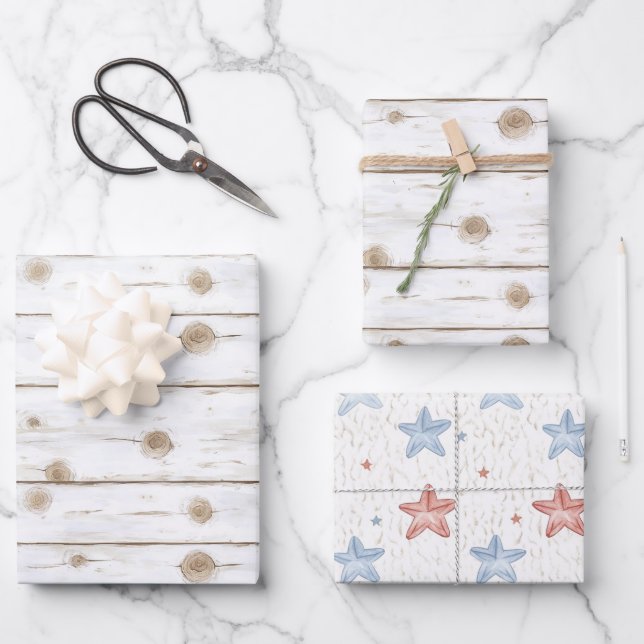Faux White Wood Starfish Christmas  Geschenkpapier Set (Vorderseite)