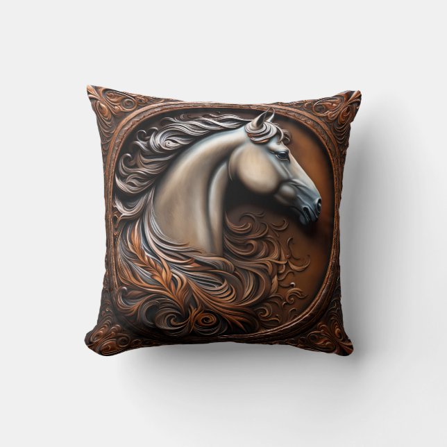 Faux Wooden Carved Horse Throw Pillow Kissen (Vorderseite)