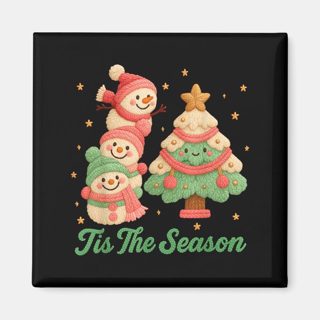 Faux Yarn Crochet Snowman And Christmas Tree  Magnet (Vorne)