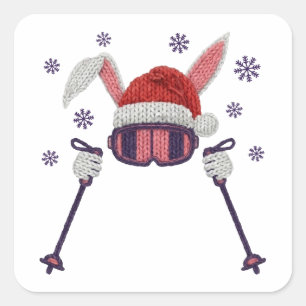 Faux-Yarn-Ski-Hase mit Santa-Hut Winter-Humor Quadratischer Aufkleber
