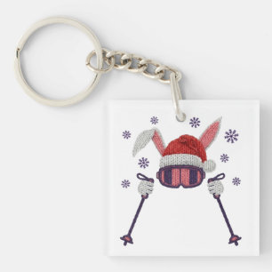 Faux-Yarn-Ski-Hase mit Santa-Hut Winter-Humor Schlüsselanhänger