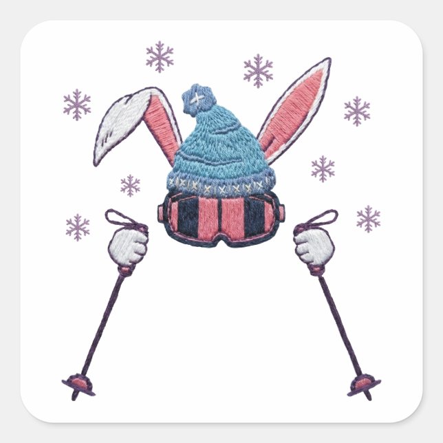 Faux-Yarn-Ski-Hase Winterhumor Quadratischer Aufkleber (Vorderseite)