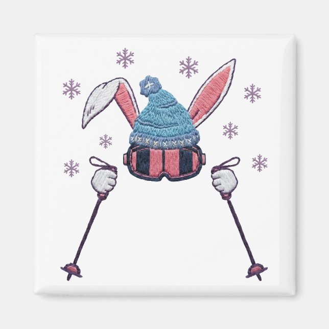 Faux yarn skiing rabbit winter humor magnet (Vorne)