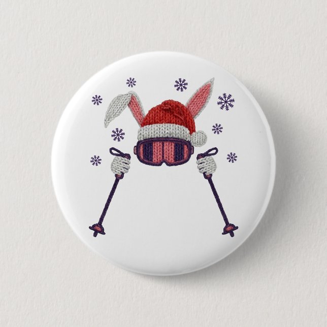 Faux yarn skiing rabbit with Santa hat winter humo Button (Vorderseite)
