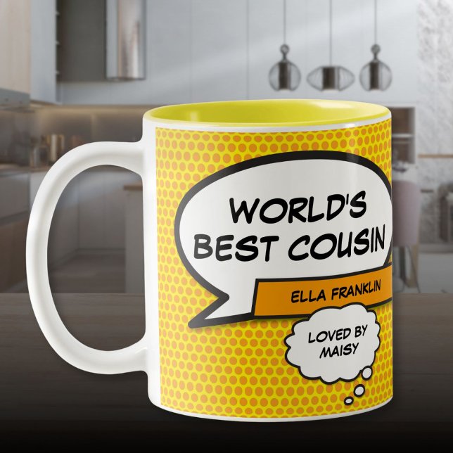Favorite Cousin Fun Comic Buchen Sie noch heute Zweifarbige Tasse (World's Best Cousin Fun Comic Book Personalized Two-Tone Coffee Mug)