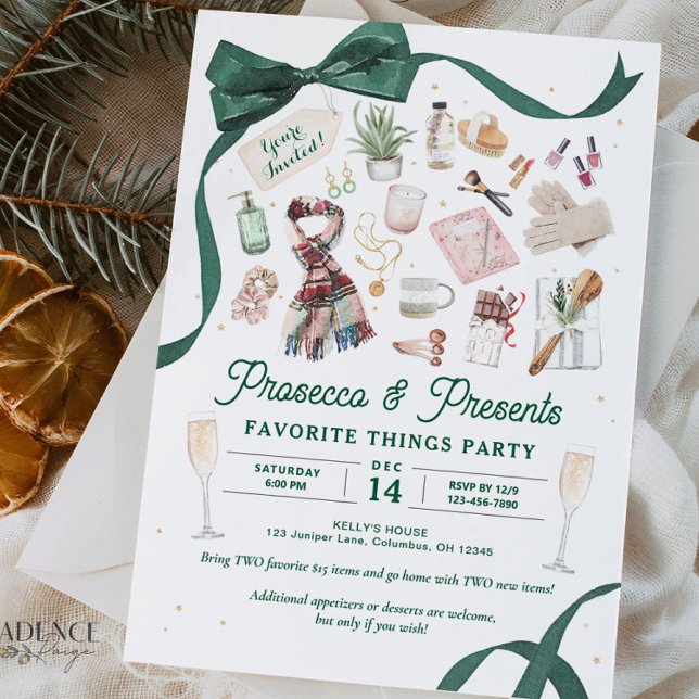 Favoritenthemen Party einladen Prosecco und Präsen Einladung (Prosecco and Presents Favorite Things Party Invitation featuring illustrations of gifts to exchange)