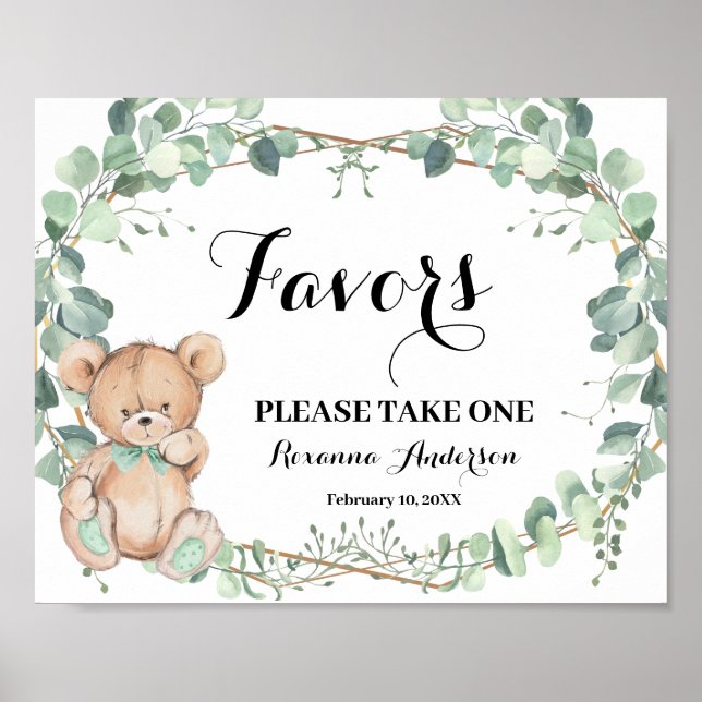 Favors Baby Shower Bear Greenerity Gold-Zeichen Poster (Vorne)