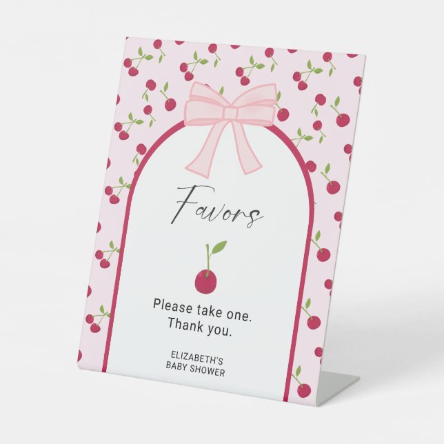 Favors Sign Cherry on Top Coquette Baby Shower  Sockelschild (Vorderseite)