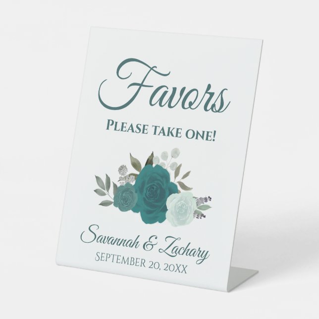 Favors Take One Teal Aqua Turquoise Roses Wedding Sockelschild (Vorderseite)