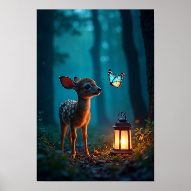Fawn and Butterfly im verzauberten Wald Poster (Vorne)