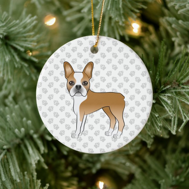 Fawn and White Boston Terrier Cartoon Dog & Paws Keramik Ornament (Baum)