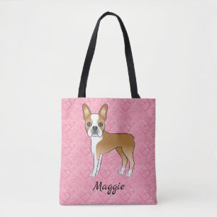 Fawn and White Boston Terrier Dog on Pink Hearts