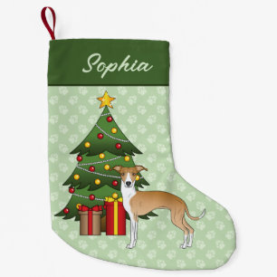 Fawn and White Italian Greyhound & Christmas Tree Kleiner Weihnachtsstrumpf