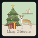 Fawn and White Italian Greyhound & Christmas Tree Quadratischer Aufkleber<br><div class="desc">Desteis originelle Cartoon-Illustration einer niedlichen Fell- und Fellfarbe Italienischer Grauhund Rasse Hund. Der Hund wird von einem festlichen Weihnachtsbaum stehend, der mit roten und gelben Ornamenten verziert ist, einer Perlgarage und einem gelben Stern, der auf dem Baumgipfel steht. Es gibt auch zwei Geschenke vom Baum umwickelt und hinter dem Hund...</div>