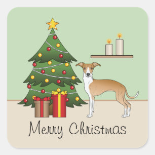 Fawn and White Italian Greyhound & Christmas Tree Quadratischer Aufkleber