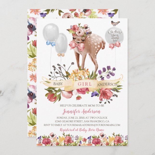 Fawn Blume Balloons Baby Girl Shower Einladung (Vorne/Hinten)