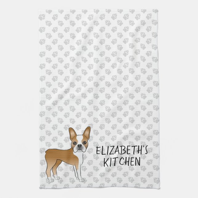 Fawn Boston Terrier Cartoon Dog & Custom Text Geschirrtuch (Vertikal)