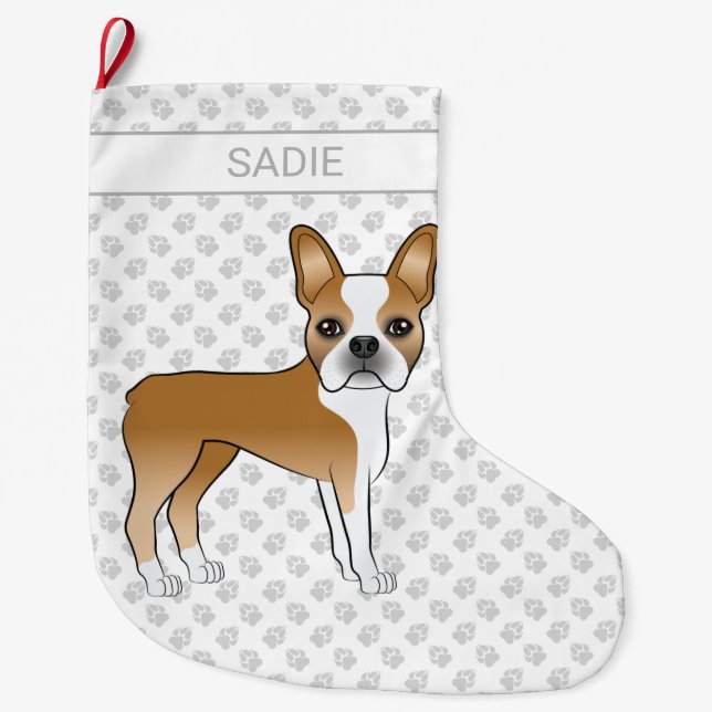 Fawn Boston Terrier Cartoon Dog & Individuelle Nam Großer Weihnachtsstrumpf (Vorderseite)