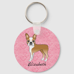 Fawn Boston Terrier Dog auf rosa Herzen und Name Schlüsselanhänger