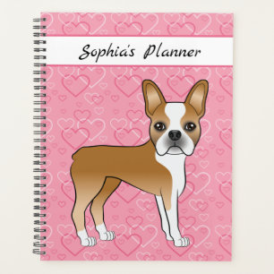 Fawn Boston Terrier Dog auf rosa Herzen und Text Planer