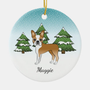 Fawn Boston Terrier in einem Winterwald & Name Keramik Ornament