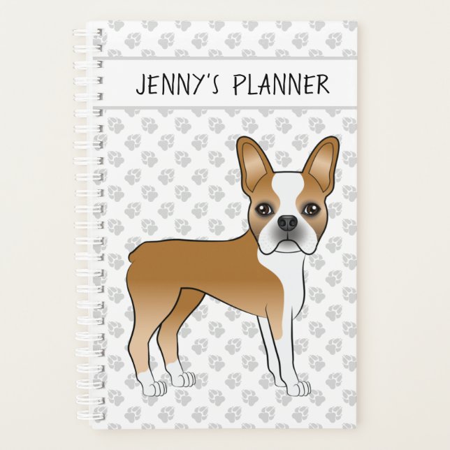 Fawn Boston Terrier Niedlich Cartoon Dog & Custom  Planer (Vorderseite)