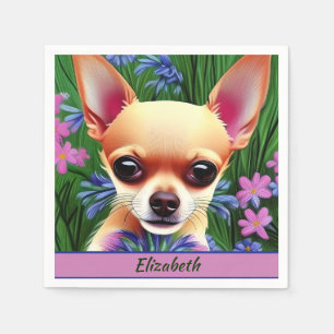 Fawn Chihuahua Puppy in Flower Meadow Personalized Serviette