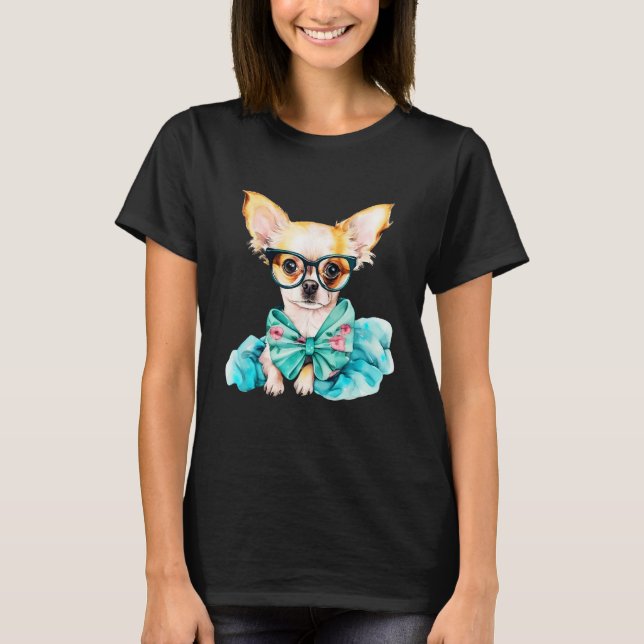 Fawn Chihuahua Puppy Wearing Glasses Portrait 1 T-Shirt (Vorderseite)