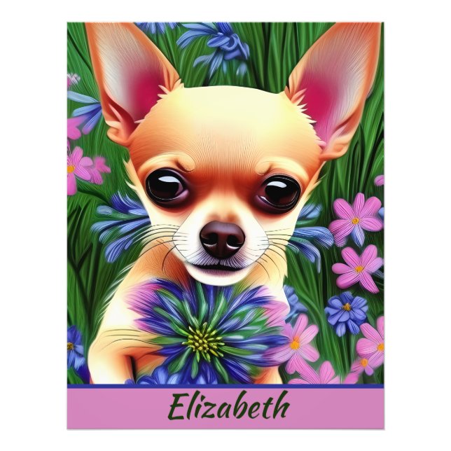 Fawn Chihuahua Welpe in Blume Meadow Personalisier Fotodruck (Vorne)