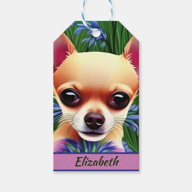 Fawn Chihuahua Welpe in Blume Meadow Personalisier Geschenkanhänger (Vorderseite)