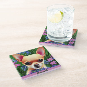 Fawn Chihuahua Welpe in Blume Meadow Personalisier Glasuntersetzer