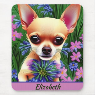 Fawn Chihuahua Welpe in Blume Meadow Personalisier Mousepad