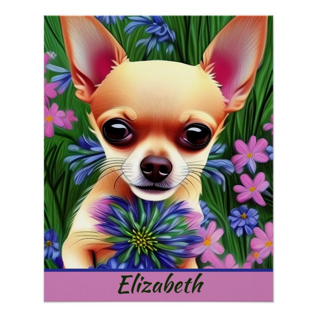 Fawn Chihuahua Welpe in Blume Meadow Personalisier Poster (Vorderseite)