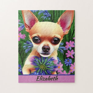Fawn Chihuahua Welpe in Blume Meadow Personalisier Puzzle