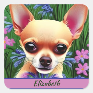 Fawn Chihuahua Welpe in Blume Meadow Personalisier Quadratischer Aufkleber