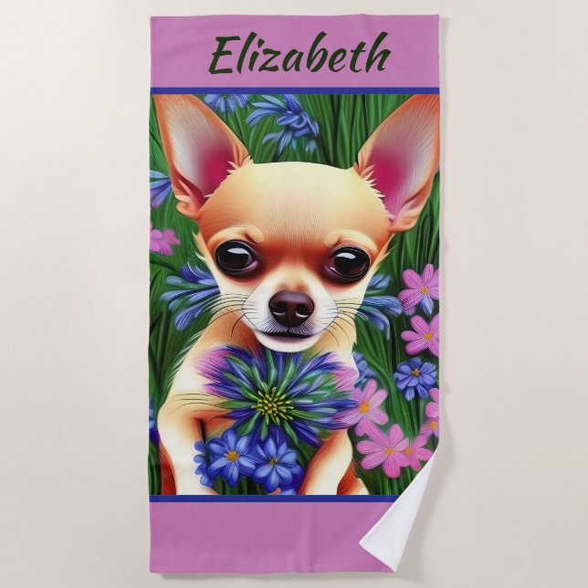 Fawn Chihuahua Welpe in Blume Meadow Personalisier Strandtuch (Vorderseite)