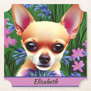 Fawn Chihuahua Welpe in Blume Meadow Personalisier Untersetzer