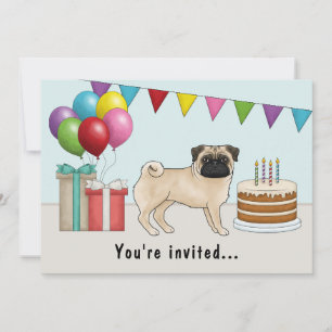 Fawn Color Pug Süßer Cartoon-Hund Farbige Geburtst Einladung