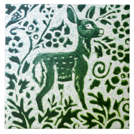 Fawn Deer Batik Modernes grünes blaues Blumenwald Fliese