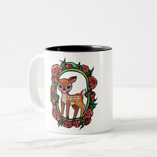 Fawn Deer Rote Rosen Zweifarbige Tasse (Vorderseite Links)