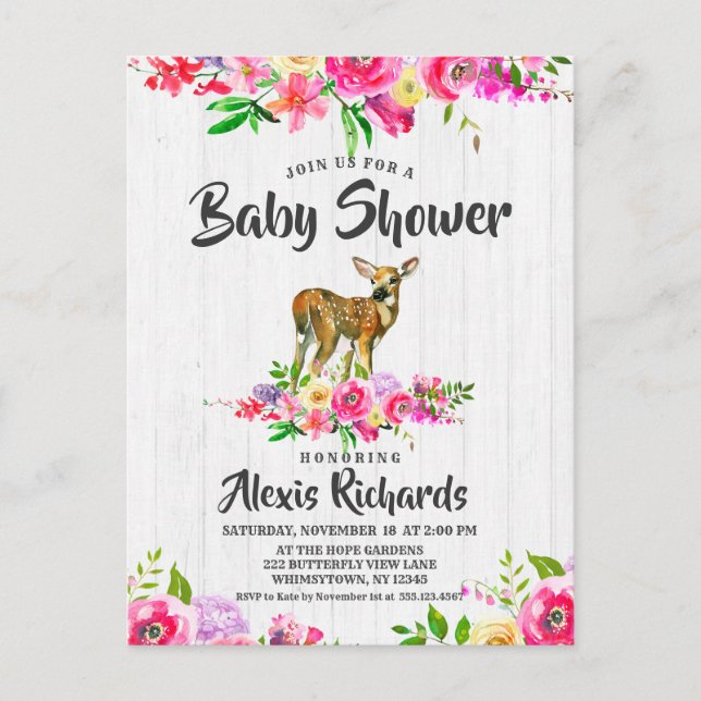 Fawn Deer Watercolor Bloral Baby Shower Einladung (Vorderseite)