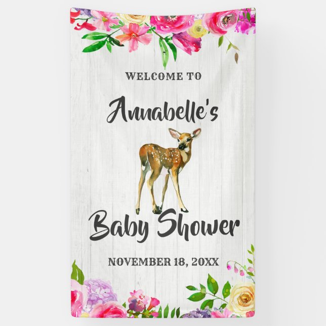 Fawn Deer Watercolor Floral Baby Dusche Willkommen Banner (Vertikal)