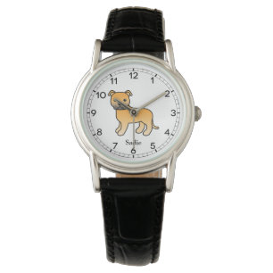 Fawn English Staffie Süßer Cartoon-Hund & Name Armbanduhr