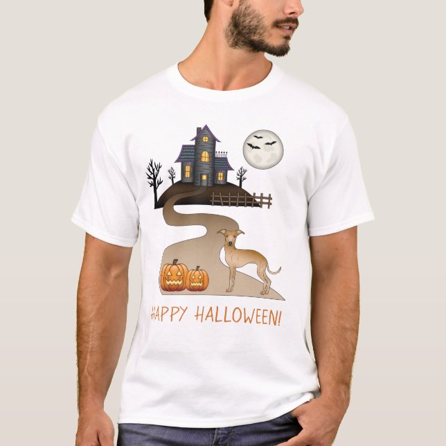 Fawn Iggy Niedlich Hund und Halloween Spuk Haus T-Shirt (Vorderseite)