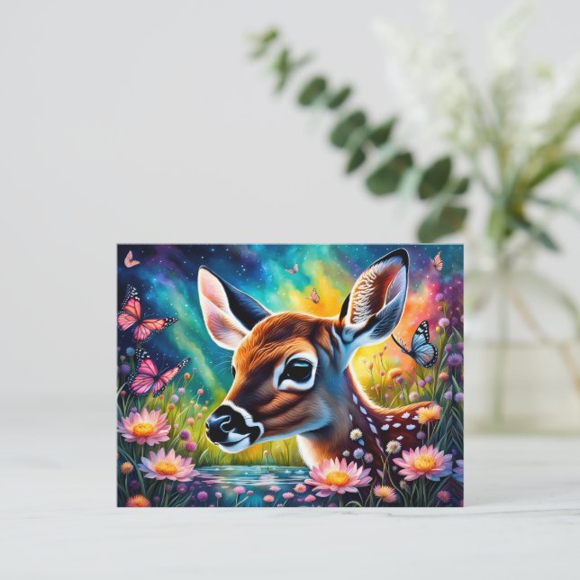 Fawn in Meadow Pond Postkarte (Stehend Vorderseite)