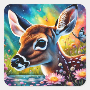 Fawn in Meadow Pond Quadratischer Aufkleber